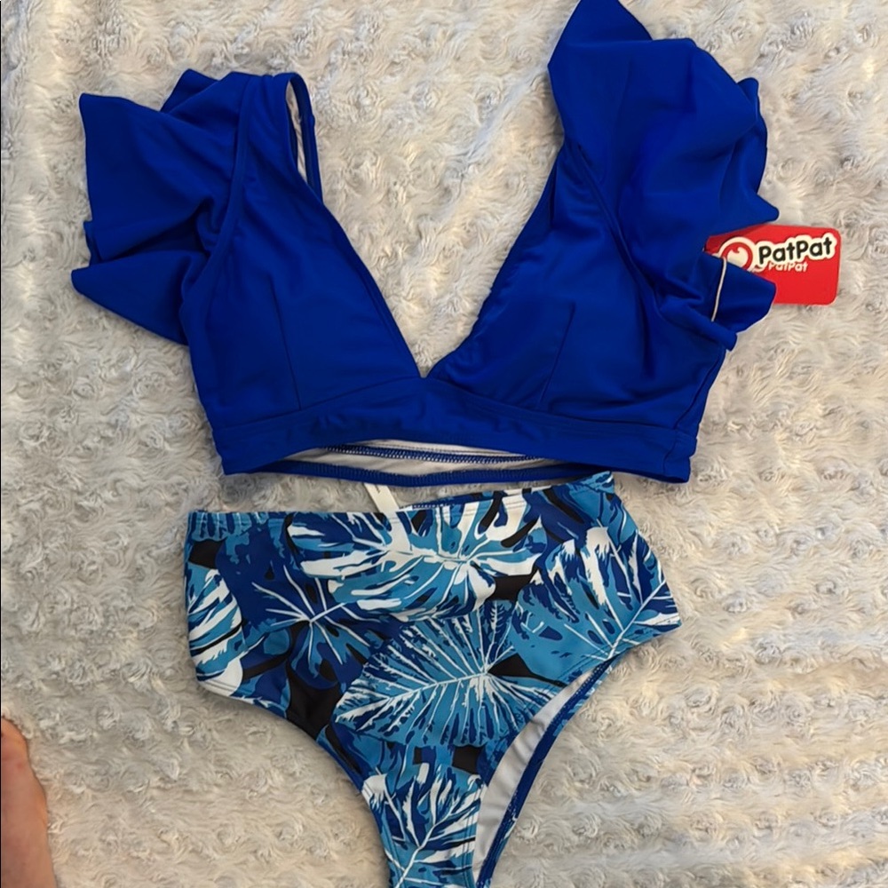 Women’s tropical and Royal Blue Ruffle Bikini Set. High waisted bottoms.